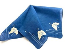 VINTAGE HANDKERCHIEF NAVY BLUE LINEN W/ APPLIQUE  EMBROIDERY WORK MEN OR WOMEN