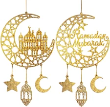 2 Pieces Eid Mubarak Door Sign Wooden Hanging Signs, Ramadan Kareem Hollow Ornam
