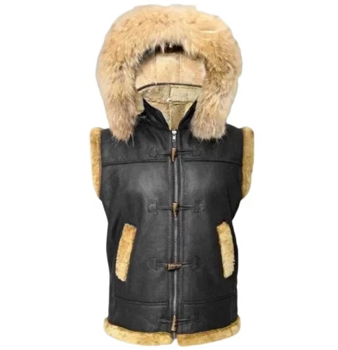 Men's Aviator Black Sheepskin Fur Vest Real Leather Bomber Vest Hooded Fur Vest