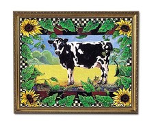 Country Cow Sunflower Folk Wall Picture Gold Framed Art Print