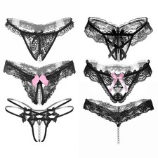 6 Pack Sexy Ladies Panties Massage Pearl Thong Lace Sheer Crotchless Underwear