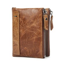 Crazy Horse Men Wallets Short Credit Business Card Holders Double Zipper Cowhide