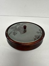 Vintage 1980s Vanity Trinket Box Round Wood Frosted Glass Lid Crowning Touch
