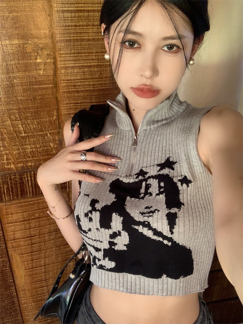 Women's Korean sweet High neck knitted sleeveless T-shirt