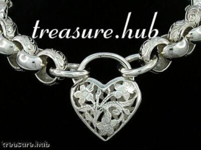 SB02A Genuine SOLID 925 Silver Day & Night Chunky BELCHER Heart Padlock Bracelet