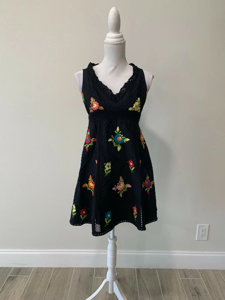 Nanette Lepore Black Floral Embroidered Crochet Cotton A-Line Mini Dress SZ  0 XS | eBay