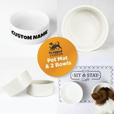 Pet Feeding Mat with 2 Custom Bowls, Sit and Stay Cafe 12x18 Pet Mat