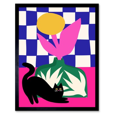 Dehnbare schwarze Katze hell kräftig bunt gemustert Illustration gerahmte Kunst 12x16