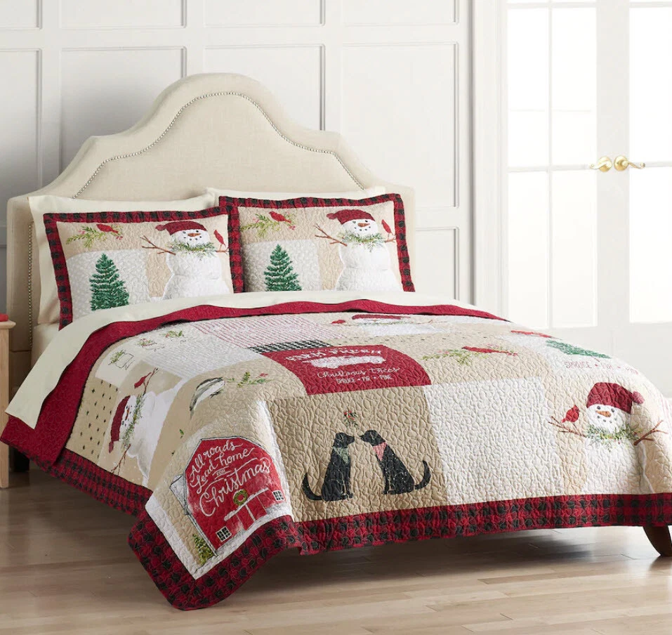 3 Pieces -Nicholas SNOWMAN Patchwork Reversible QUILT + SHAMS - Birds Dogs Trees - Image 2 of 4