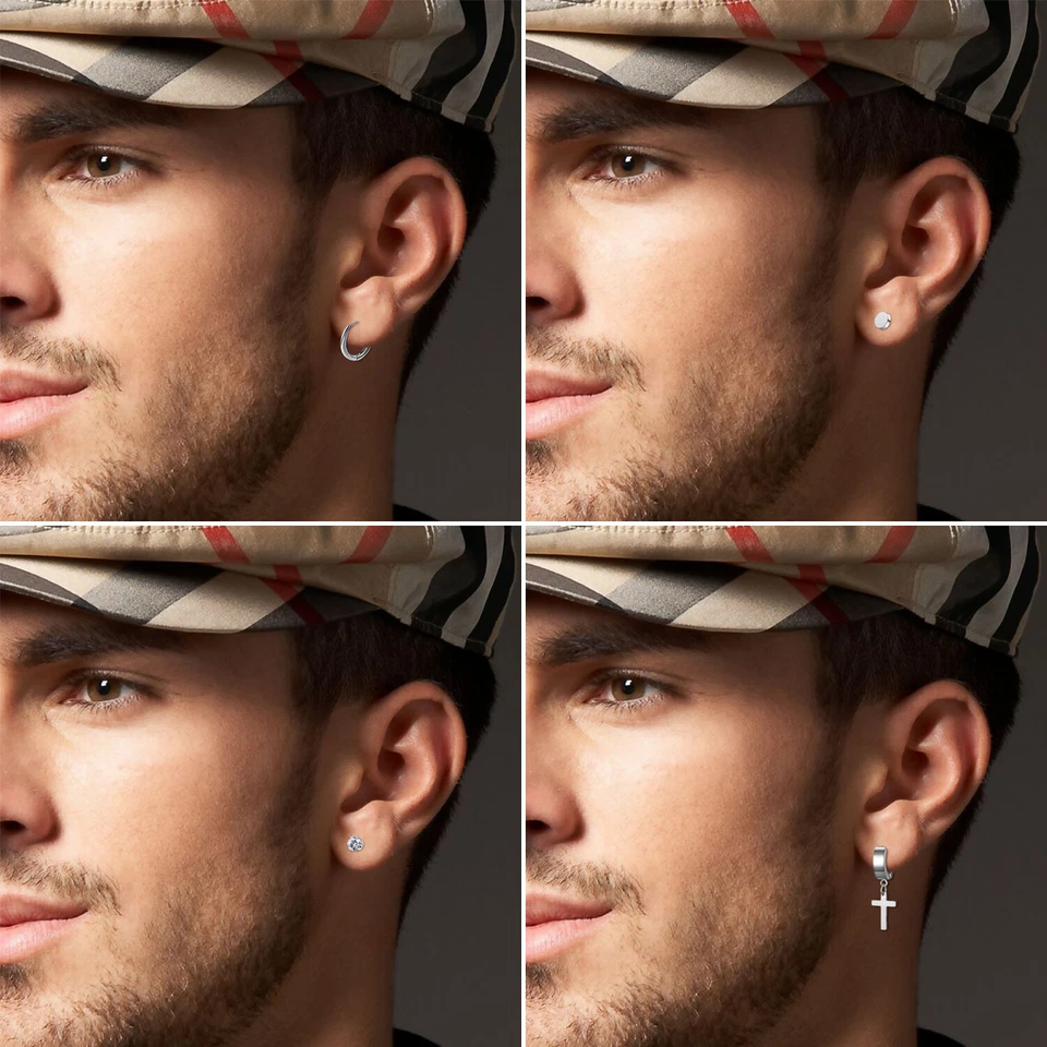 12 pares de pendientes de aro de acero inoxidable con barra de circonita cúbica túnel para hombre y mujer Foto 4 de 4