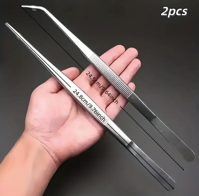 2pcs Professional Stainless Steel Kitchen Tweezers Precision Cooking Tongs - NEW