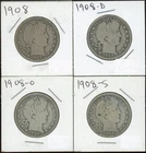 Lot of (4) Coins - 90% Silver Barber Half Dollars 1908-P, D, O + S
