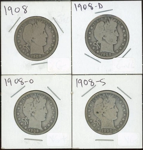 (4) Coins - 90% Silver Barber Half Dollars 1908-P, D, O + S