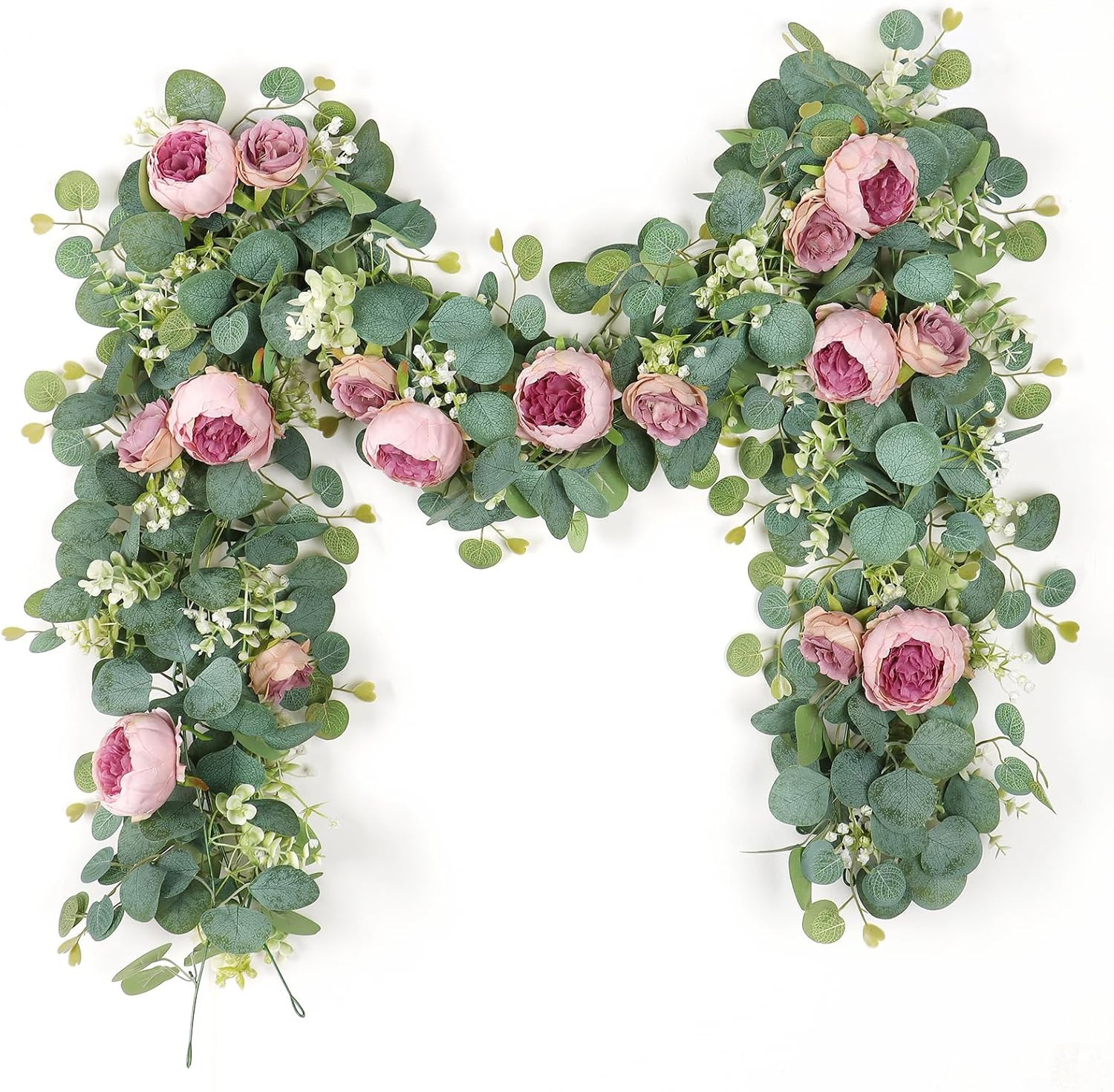 2Pcs 13.1FT Artificial Eucalyptus Flower Garland with Fake Rose Flower Vine Seed