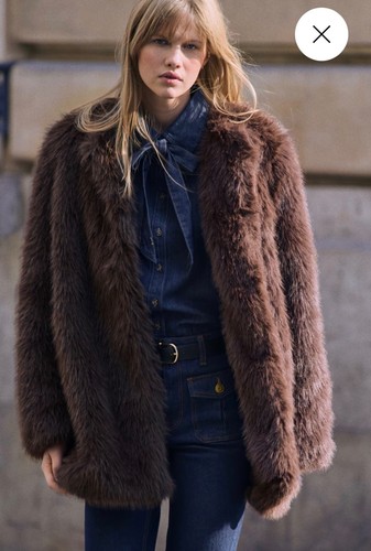 Brand New H&M Fluffy Brown Faux Fur Ladies Snuggly Coat Size M Relaxed Jacket