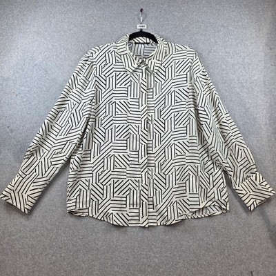 T Tahari Womens Geometric Linear Print Button Down Blouse Black White Size M