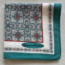VTG Handkerchief Turquoise Geometric Floral Cross Grid Pocket Square Cotton 18"