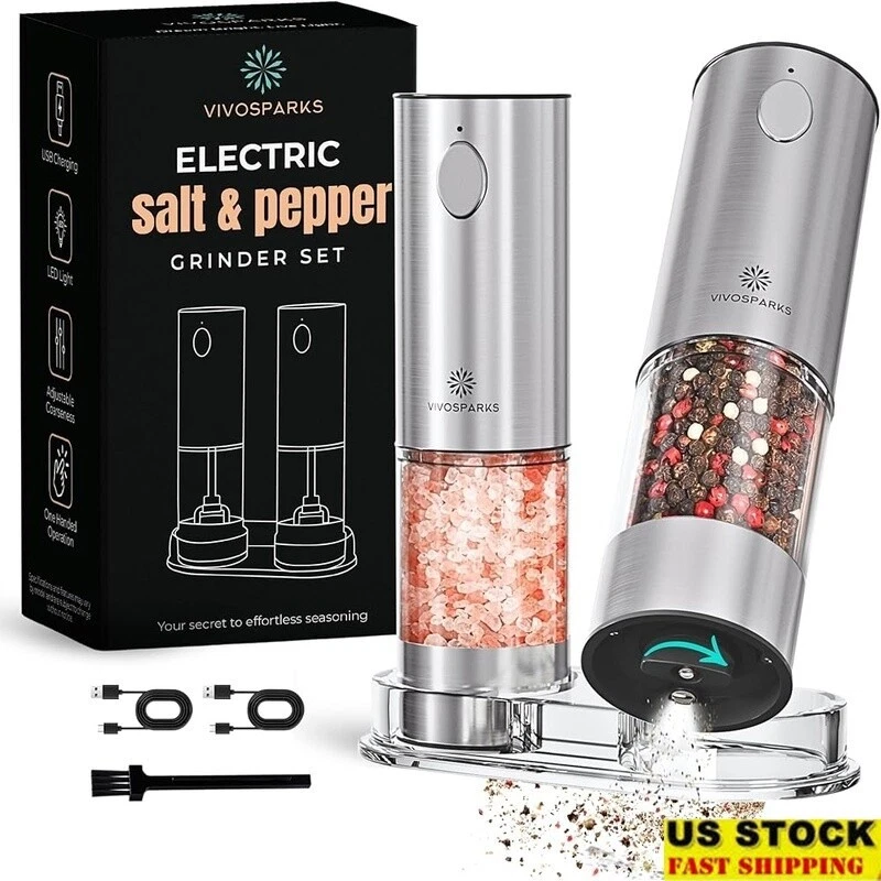 Electric Salt Pepper Grinder Set USB-C Rechargeable One-Hand Operation 2-Pack