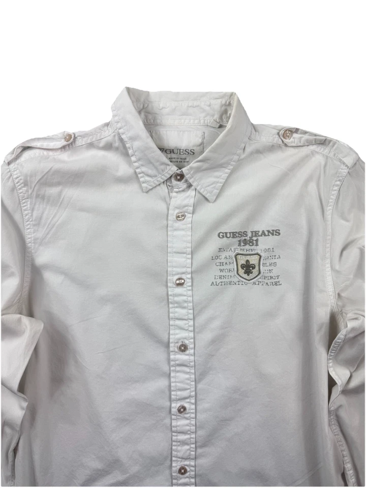 Camisa Guess Jeans Blanca Botón L Y2K Logo Algodón Riviera Francesa Militar Foto 2 de 4