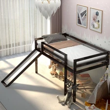 Twin Size Loft Bed with Slide Wood Low Sturdy Loft Bed for Kids Bedroom Espresso