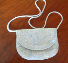 VINTAGE LA REGALE BEADED EVENING PURSE BAG IRIDESCENT WHITE CORD HANDLE LOVELY