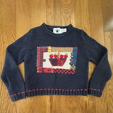 Hartstrings Sweater Kids Size 5/6 Navy Blue Red Apples Fall Autumn Knit