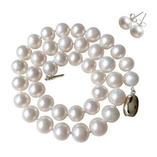 20 Inch LARGE & ROUND 10mm 11mm White Pearl Necklace Earrings Set Cultured