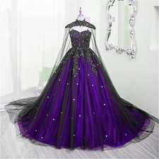 Gothic Wedding Dress Black Purple Lace Appliques Beaded High Neck Bridal Gowns