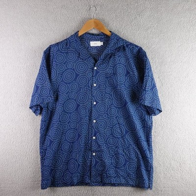Onia Mens XL Blue Dot Swirl Print Short Sleeve Cotton Modal Button Down Shirt