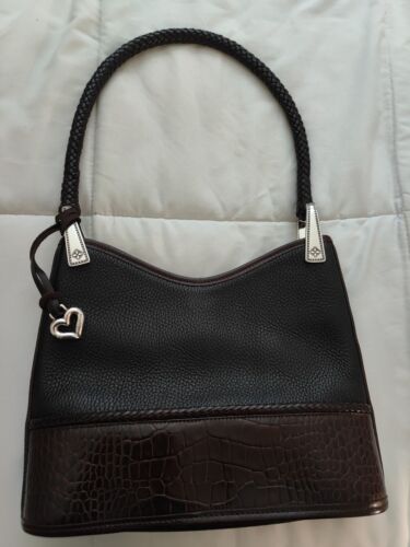 Brighton Gina Black Pebbled Leather Hobo Handbag Croc Trim Braided Handle - Picture 1 of 5
