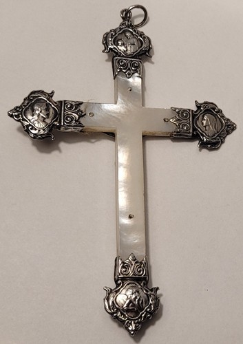 Ancienne Croix nacre et argent. Hauteur: 11 cm avec bélière #GT3# H2 - Picture 3 of 12