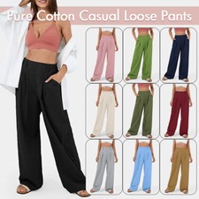 Womens Pants Pure Cotton High Waisted Wide Le...
