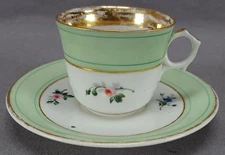19th Century Old Paris Hand Painted Flowers Green & Gold Coffee Cup & Saucer A