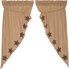63" L Tan Red Windowpane Check w/ Stars Drawstring Prairie Curtains Bingham Star