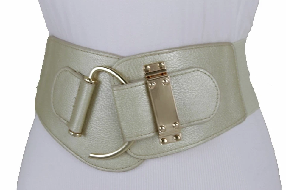 Women Metallic Cream Beige Faux Leather Wide Fashion Belt Gold Hook Buckle L XL - Image 3 of 4