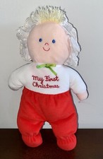 Vintage Eden "My First Christmas" Red White Fabric Doll With Check Bonnet 10"