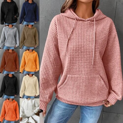 Women Waffle Long Sleeve Hoodie Tops Ladies Casual Baggy Plain Hooded Sweatshirt - Picture 1 of 31