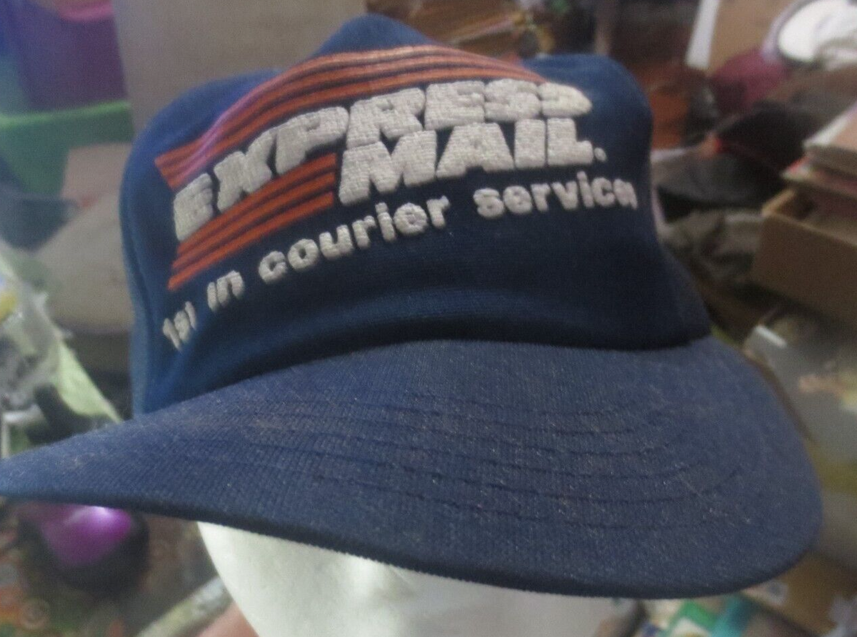 Rare Vintage Official USPS Express Mail Hat 3D Puffy Print Mesh Back NOS 80s Vintage 80s USPS Express Mail Trucker Hat Cap Blue Eagle  main image 4