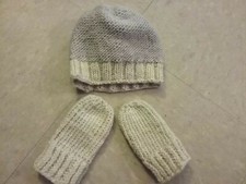 Handmade Knit light brown baby hat and mittens, age 0-3 months