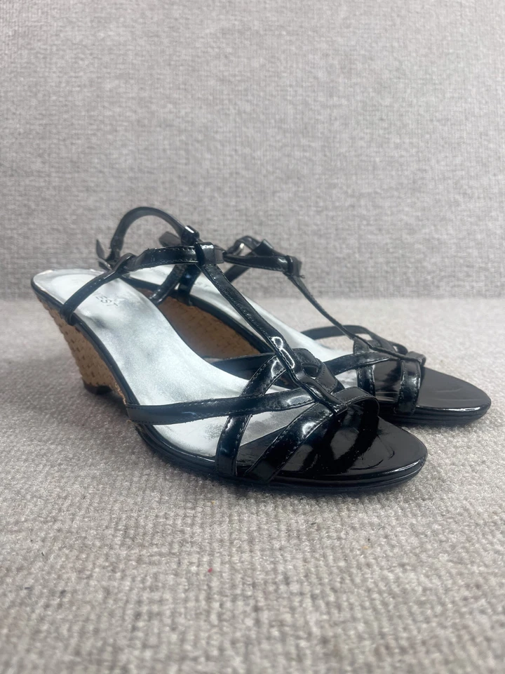 Sandalias Nine West para mujer 8,5 charol negro cuña alpargata correa al tobillo Foto 3 de 4