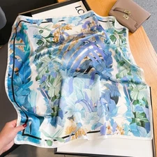 100% Mulberry Silk 27'' Scarf Women Neckerchief Square Bandana Wrap Blue Flower