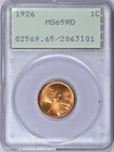 1926 LINCOLN WHEAT CENT PCGS MS65 RD OGH RATTLER NICE BRIGHT RED