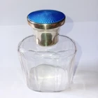 ANTIQUE 1934 BLUE GUILLOCHE ENAMEL SOLID SILVER GLASS SCENT PERFUME BOTTLE JAR