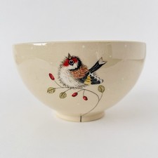 Vanda & Valerie Art Pottery Soup Cereal Bowl Goldfinch on Willow Twig Signed