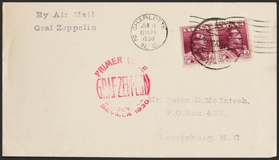 Otros apartados. Correo Zeppelin. SOBRE  322(2). 1930. 4 pts carmín, dos sellos