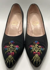 Black Silk Peau de Soie Heels 3” Leather Sole 9.5 I. Miller Mint Vntg Museum Pcs