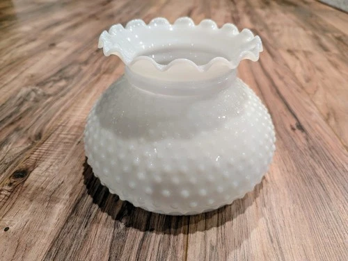 Vintage Hobnail Milk Glass Lamp Shade Ruffled Crimp Top White Replacement 6.75"