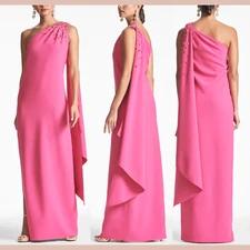 NWT SACHIN & BABI [ 14 ] Leslie Beaded Drape One-Shoulder Crepe Gown Pink S1756