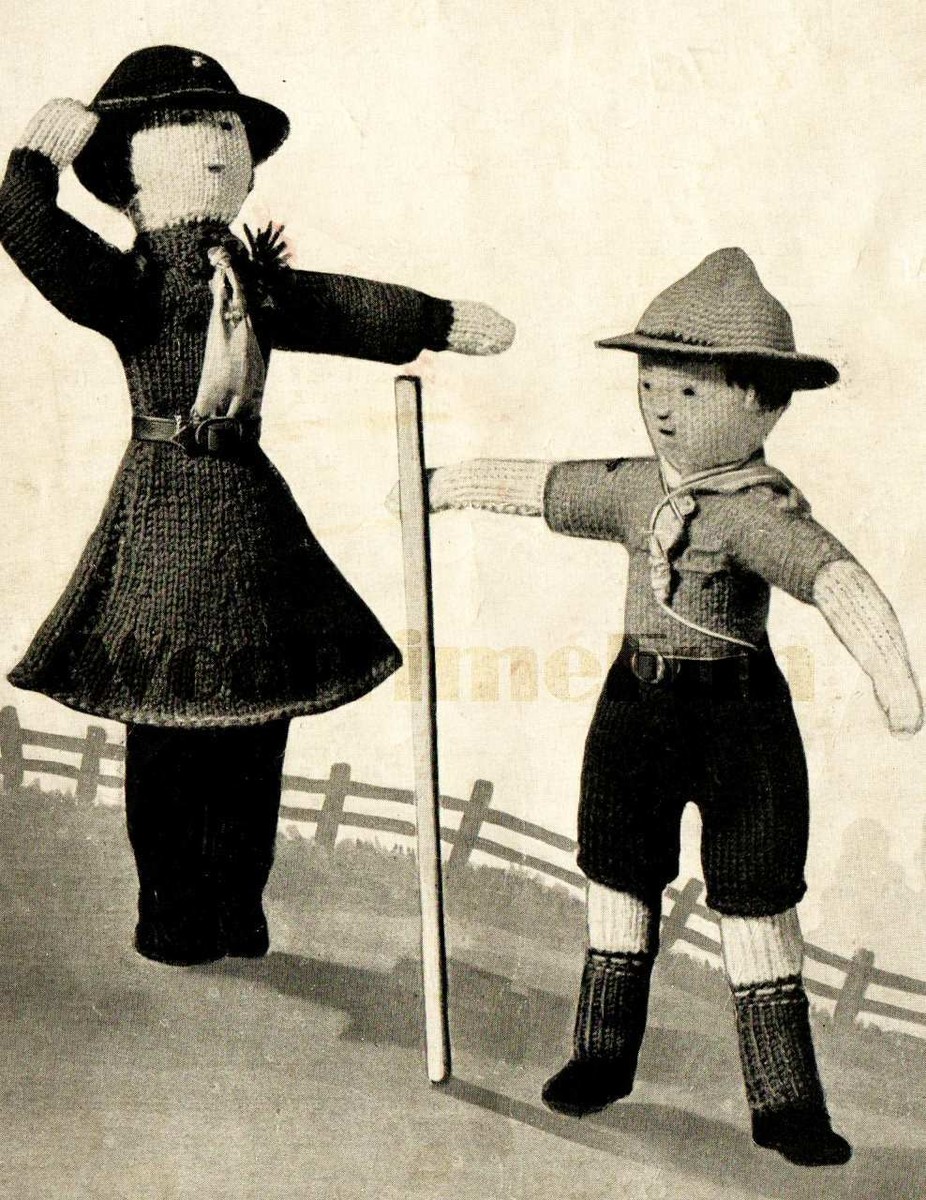 Vintage Toy 1940s Knitting Girl Guide Boy Scout Dolls