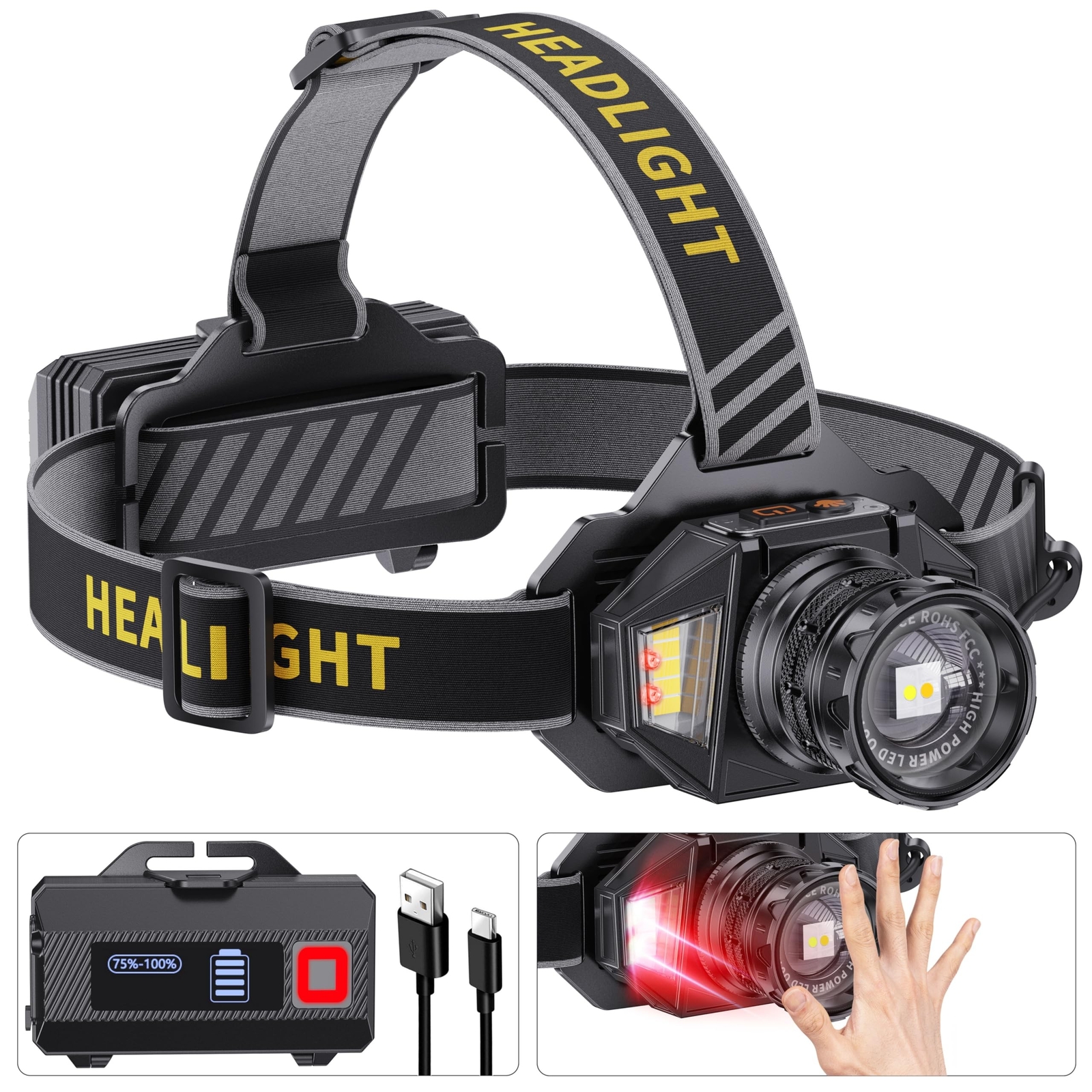 LED Headlamp Rechargeable，990000 Lumens Head Lamp with 12 Modes & 60H Lon